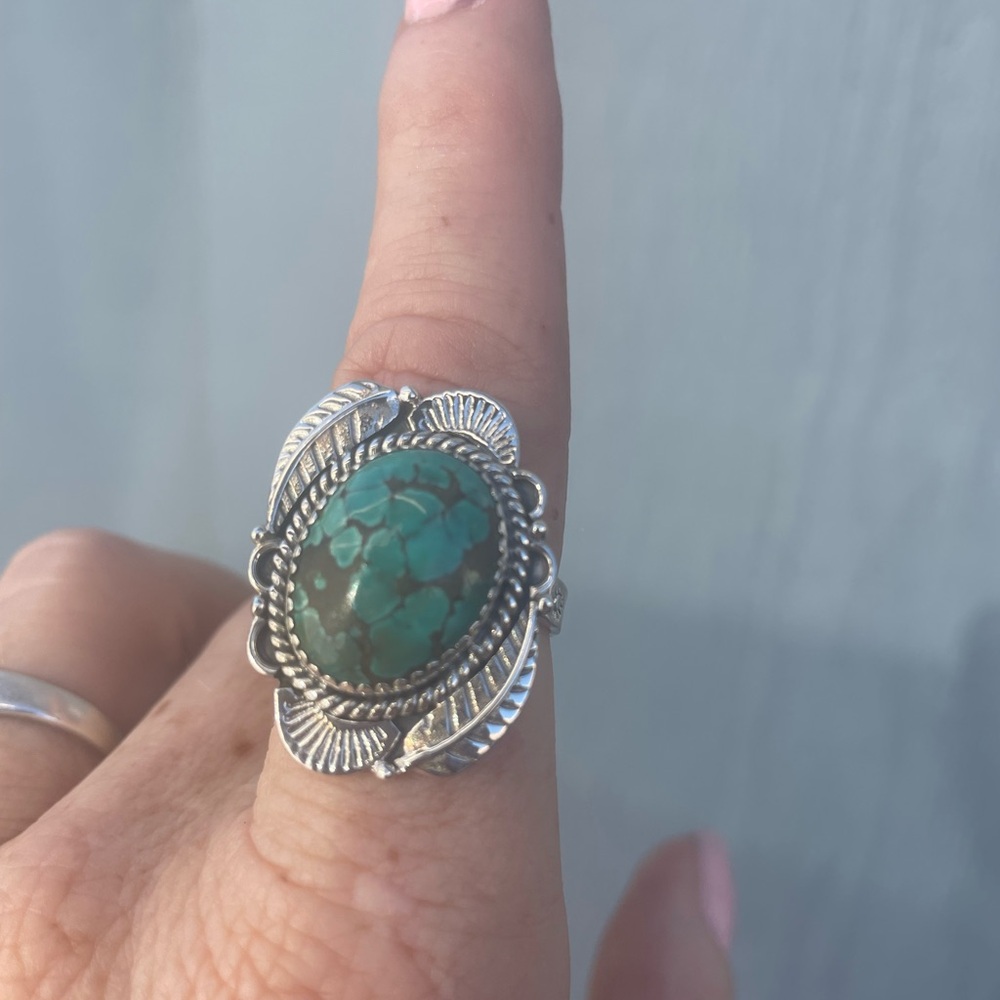 Hubei Turquoise Stone Ring Beautiful Matrix! Set in Intricate 925 Silver Design